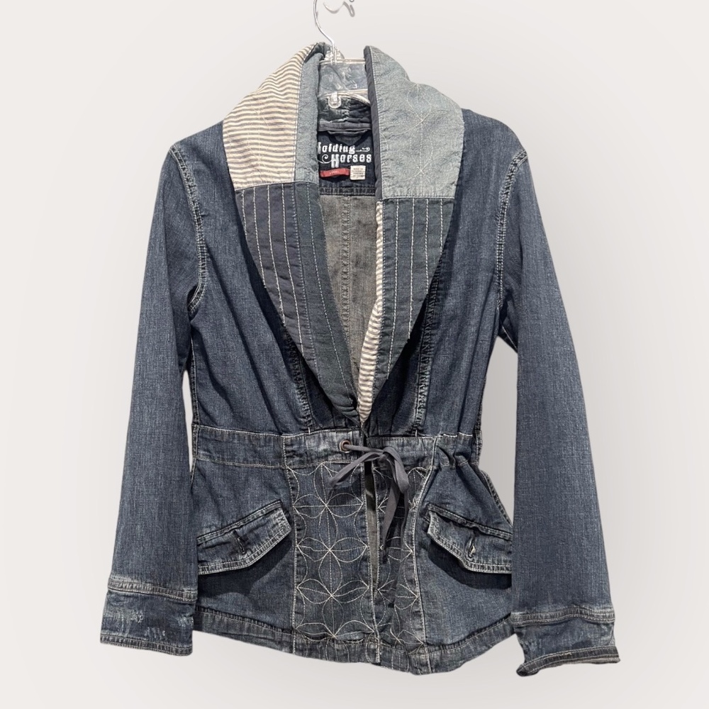 Anthropologie Holding Horses Denim Patchwork Embroidered Tie Shawl Collar Jacket